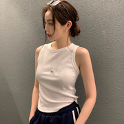 韩国chic夏季气质百搭圆领坑条设计感修身显瘦纯色无袖针织背心女