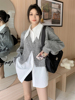 韩系时尚套装女初秋2024中长款打底白衬衫灰色毛呢外套两件套
