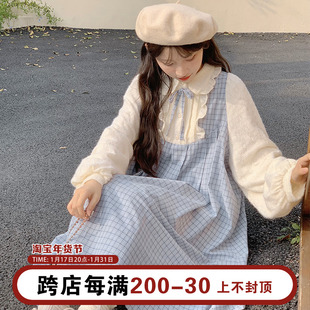 木茶出品自制蓝莓果酱复古格子，假两件连衣裙，2023秋冬初恋少女长裙