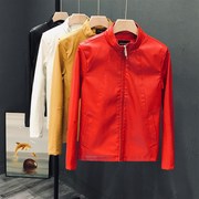 香港亮色男士皮衣网红红色，小外套修身痞帅青年，真皮夹克衫秋冬上衣