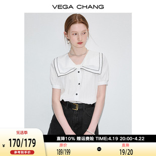 vegachang白色衬衫，女夏装2024年法式小众蝴蝶结泡泡袖上衣