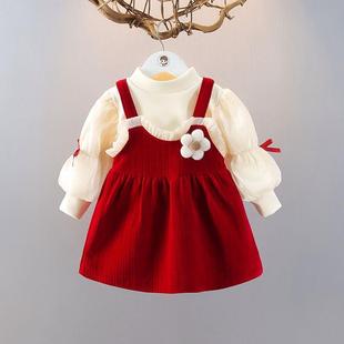 女童连衣裙秋冬时髦2件套裙3岁公主，裙洋气加绒套装女宝宝周岁礼服