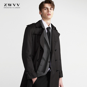秋季男士风衣中长款男装，青年商务休闲英伦，修身黑色翻领潮外套
