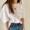 韩国夏季显瘦立体弧形，泡泡袖袖遮肉宽松圆领，棉质t恤纯色上衣