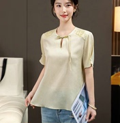新中式复古盘扣钉珠短袖真丝上衣女士夏季优雅气质国风桑蚕丝衬衫