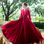 棉麻记古装汉服女国风长裙2023年秋季红色连衣裙长袖棉麻裙子
