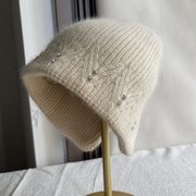双层兔毛混纺开叉设计针织帽子女冬季保暖毛线帽水钻护耳套头帽潮