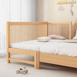 榉木儿童床带护栏婴儿床，男孩女孩单人小床延边加宽大床实木拼接床