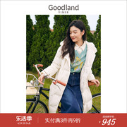 Goodland美地女装2023冬季轻薄中长款连帽白鸭绒奶油白羽绒服