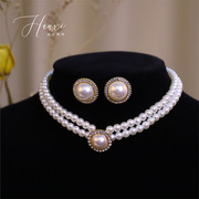 法式优雅复古韩式珍珠项链女锁骨链新娘婚纱礼服配饰颈链耳环套装