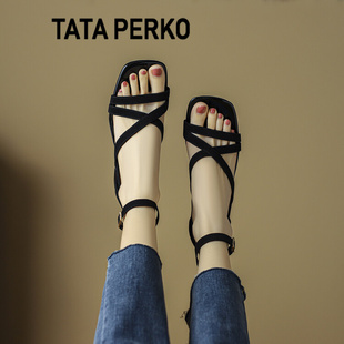 TATA PERKO联名真皮法式黑色交叉带凉鞋女夏季羊皮粗跟通勤高跟鞋