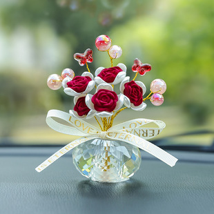 水晶玫瑰花朵汽车摆件车内中控台玻璃插花装饰品车载女高级感好看