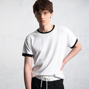 LEONSENSE力上司-针织短袖T恤假两件黑白拼接凉感丝光棉中性风格