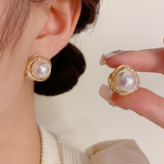马贝珍珠耳钉女法式复古优雅名媛气质s925银针小众设计时尚耳环女
