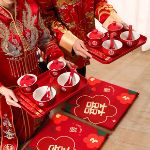 改口敬茶杯套装一对喜碗杯子，婚礼红色敬酒茶具，碗筷陪嫁结婚礼物品