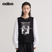 odbo/欧迪比欧原创设计假两件印花卫衣女秋装高级感上衣