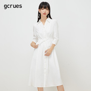 gcrues气质白色连衣裙秋装女2024年半开领中长款衬衫裙系带裙