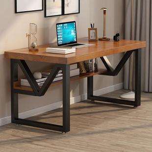 实木书桌长条书架桌铁艺碳素钢工作台松木办公桌家用电脑简约桌子