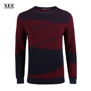 XEE银泰商场同款 秋季男士深红色几何图案撞色羊毛衫直筒套头毛衣