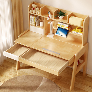 儿童房实木书桌书架椅子组合学生青少年可升降原木色写字台学习桌
