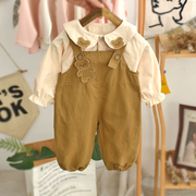 女童背带裤套装长袖2024韩版网红宝宝衣服时髦可爱潮婴儿潮衣