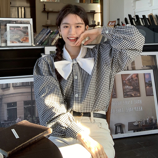 韩国chic春季复古小众立领，蝴蝶结撞色格子，设计宽松百搭长袖衬衫女