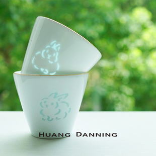 HUANG DANNING 景德镇中式白色玲珑瓷兔子杯碟套装高档居家陶瓷杯
