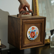 北美黑胡桃实木桌面收纳盒中式复古手提抽屉式木质，化妆盒首饰盒
