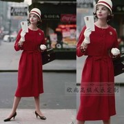高级定制复古优雅红色圆领短羊毛外套+褶皱半裙时尚套装两件大牌