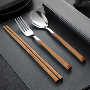 筷子勺子套装一人，一筷便携餐具学生，收纳盒叉子单人木质筷子三件套