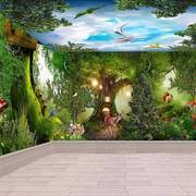 3D立体梦幻森林风景壁纸幼儿园卡通壁画田园植物卧室背景墙纸