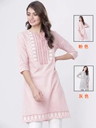 印度进口民族风女装印花圆领日常服饰中长款上衣 棉 粉色七分袖