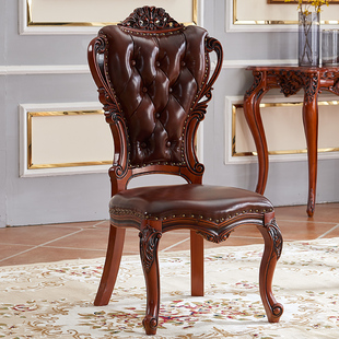 美式餐椅靠背椅真皮实木，家用欧式复古休闲椅子法式做旧酒店书房椅