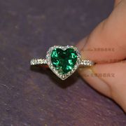 祖母绿彩色拟真宝石戒指环925纯银饰镀金心形海洋之心送女友礼物