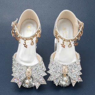 女童银色公主鞋包头蝴蝶结小女孩水晶鞋，水钻软底礼服裙儿童高跟鞋