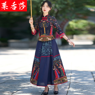 中式唐装改良旗袍上衣秋季中国风加大码女装复古棉麻茶艺服两件套