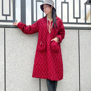 桑蚕丝棉衣女装中年妈妈复古红色百搭轻薄保暖显瘦中长款棉衣外套
