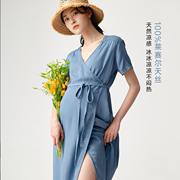 bellywear孕妇夏装蓝色系带，围裹式天丝牛仔连衣裙夏季