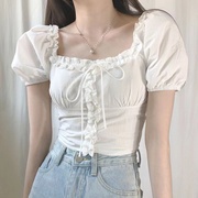 韩国chic夏季减龄泡泡袖露肩衬衫，女一字领系带设计感短款雪纺上衣