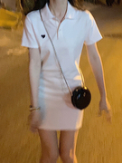 2023夏季白色POLO衫polo裙子中长款休闲小个子爱心连衣裙女