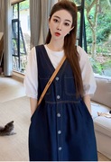 牛仔连衣裙女夏季2024年韩版假两件t恤配背带，裙休闲减龄套装
