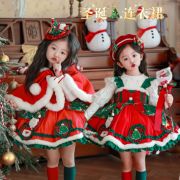 kw家儿童圣诞节服装，麋鹿印花连衣裙红色斗篷，冬季女童洛丽塔公主裙