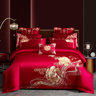 中式婚庆床上全棉四件套牡丹刺绣被套大红色婚房床单纯棉结婚床品