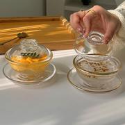 燕窝盅带盖玻璃碗点心，甜品碗套装碗，透明家用中式碗碟套装金边耐热