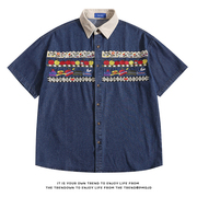 芃漫趣味刺绣牛仔短袖衬衣日系复古文艺情侣衬衫，小众bf风宽松外套