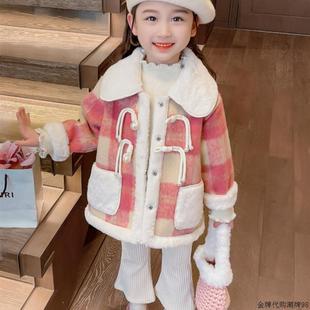 韩国女童加绒外套女宝宝，时尚小香风，上衣儿童时髦加厚格子妮子大衣