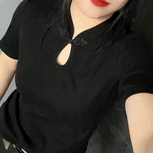 中国风盘扣短袖黑色t恤小衫女夏新复古修身新中式上衣半袖打底衫