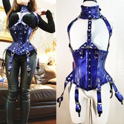Annzley蓝色漆皮双钢骨束腰套装短款性感腰封外穿束身衣corset