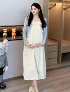 孕妇秋季套装长袖镂空开衫中长款吊带裙纯色两件套2023时尚女