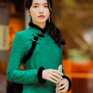 新中式立领斜襟水貂毛国风长袖上衣女秋冬绿色提花德绒打底衫